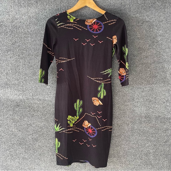 LezaLez Womens Western Themed Dress Size Small Elbow Sleeve Cactus Cowboy - Picture 2 of 9